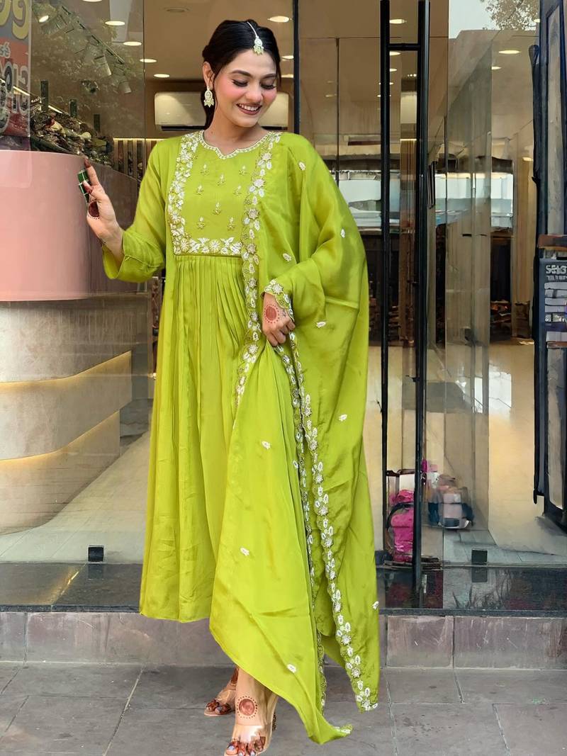 Embroidered Chinon Fabric Straight Kurta, Pant and Dupatta Set