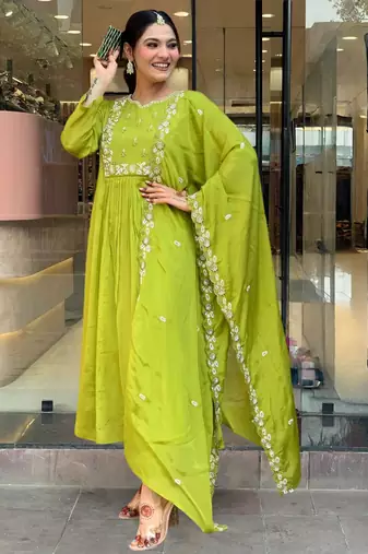 Embroidered Chinon Straight Kurta Pant and Dupatta Set