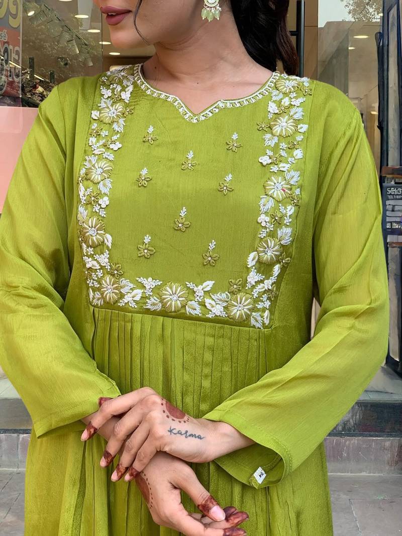 Embroidered Chinon Fabric Straight Kurta, Pant and Dupatta Set