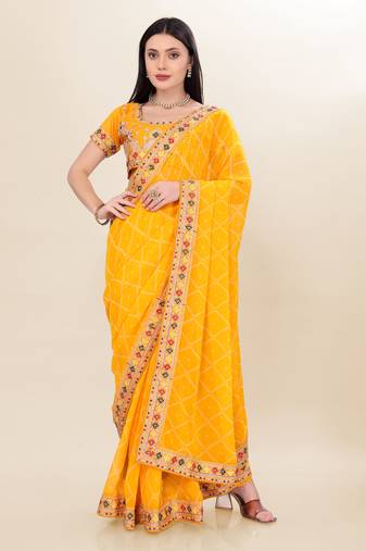 Yellow Digital Print With Embroidered Georgette Saree For Weddings