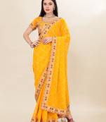 Yellow Digital Print With Embroidered Georgette Saree For Weddings