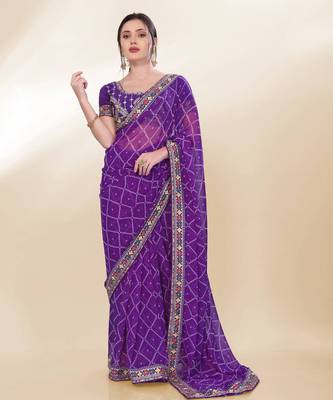 Purple Digital Print With Embroidered Georgette Saree With Unstitched Blouse 1