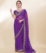 Purple Digital Print With Embroidered Georgette Saree With Unstitched Blouse
