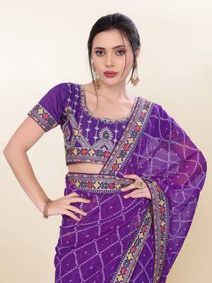Purple Digital Print With Embroidered Georgette Saree With Unstitched Blouse 2