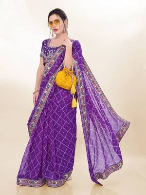 Purple Digital Print With Embroidered Georgette Saree With Unstitched Blouse 4