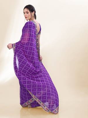 Purple Digital Print With Embroidered Georgette Saree With Unstitched Blouse 5