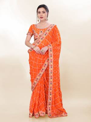 Orange Digital Print With Embroidered Georgette Saree 1