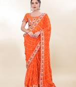 Orange Digital Print With Embroidered Georgette Saree