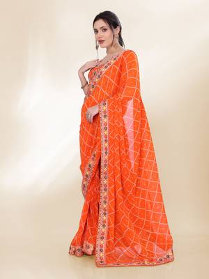Orange Digital Print With Embroidered Georgette Saree 4