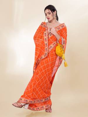 Orange Digital Print With Embroidered Georgette Saree 5