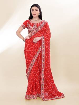Red Digital Print With Embroidered Georgette Best Collection Wedding Saree 1