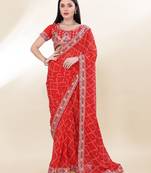 Red Digital Print With Embroidered Georgette Best Collection Wedding Saree