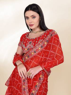 Red Digital Print With Embroidered Georgette Best Collection Wedding Saree 2