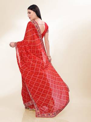 Red Digital Print With Embroidered Georgette Best Collection Wedding Saree 4