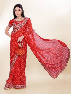 Red Digital Print With Embroidered Georgette Best Collection Wedding Saree 5
