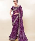 Wine Digital Print With Embroidered Georgette Latest Designers Party Saree