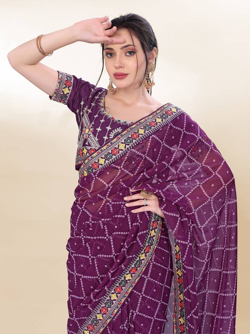 Wine Digital Print With Embroidered Georgette Latest Designers Party Saree