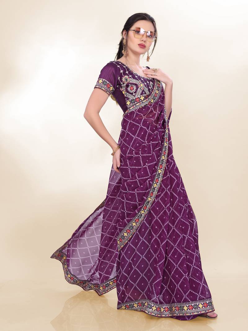 Wine Digital Print With Embroidered Georgette Latest Designers Party Saree