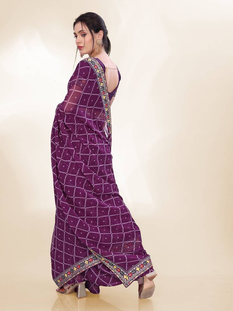 Wine Digital Print With Embroidered Georgette Latest Designers Party Saree