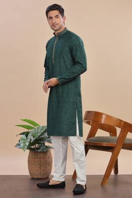 greeen sequins embroidered rayon kurta pajama 3