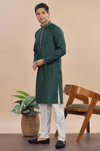 greeen sequins embroidered rayon kurta pajama