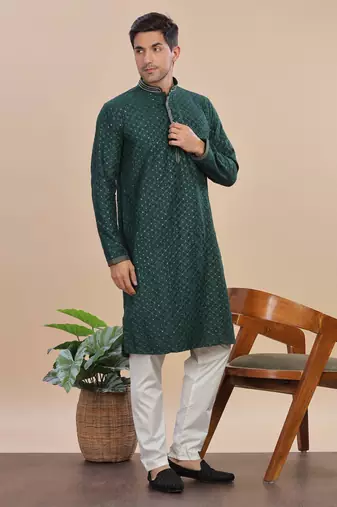 greeen sequins embroidered rayon kurta pajama