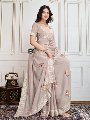 Chiku Thread And Sequins Embroidered Star Georgette Saree With Unstitched Blouse 1