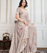Chiku Thread And Sequins Embroidered Star Georgette Saree With Unstitched Blouse