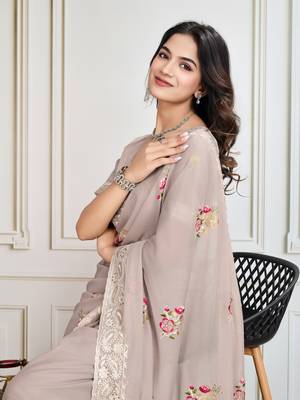 Chiku Thread And Sequins Embroidered Star Georgette Saree With Unstitched Blouse 2