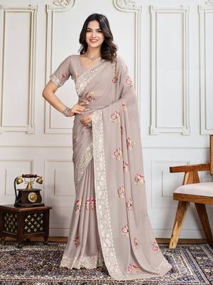 Chiku Thread And Sequins Embroidered Star Georgette Saree With Unstitched Blouse 3