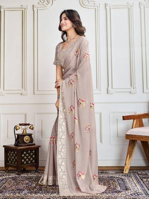 Chiku Thread And Sequins Embroidered Star Georgette Saree With Unstitched Blouse 4
