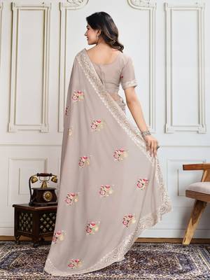 Chiku Thread And Sequins Embroidered Star Georgette Saree With Unstitched Blouse 5