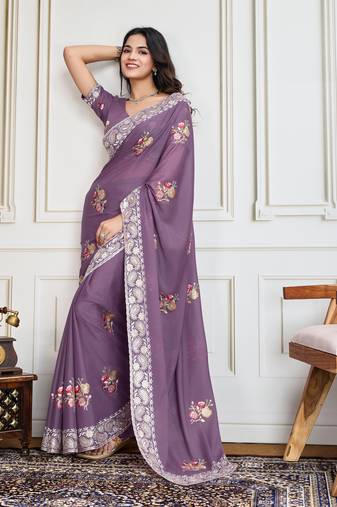 Purple Thread And Sequins Embroidered Star Georgette Best Collection Wedding Saree