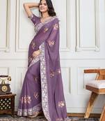 Purple Thread And Sequins Embroidered Star Georgette Best Collection Wedding Saree