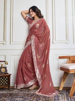 Maroon Georgette Saree With Thread & Sequin Embroidery With Unstitched Blouse 1