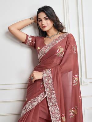 Maroon Georgette Saree With Thread & Sequin Embroidery With Unstitched Blouse 2
