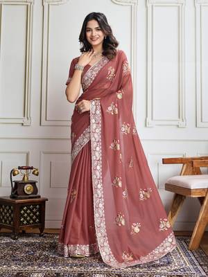Maroon Georgette Saree With Thread & Sequin Embroidery With Unstitched Blouse 3