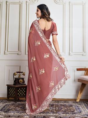 Maroon Georgette Saree With Thread & Sequin Embroidery With Unstitched Blouse 4
