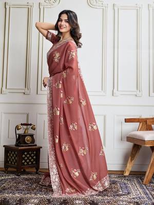 Maroon Georgette Saree With Thread & Sequin Embroidery With Unstitched Blouse 5