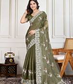 Green Pre-Stitched Georgette Saree With Thread & Sequin Embroidery With Unstitched Blouse