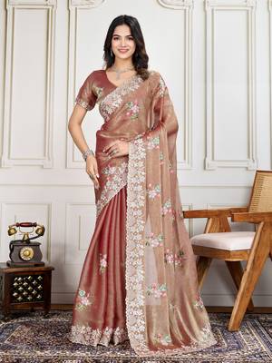 Brown Thread And Sequins Embroidered Soft Crunchy Silk Ready To Wear Saree 1