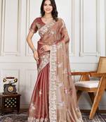 Brown Thread And Sequins Embroidered Soft Crunchy Silk Ready To Wear Saree