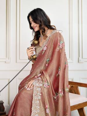 Brown Thread And Sequins Embroidered Soft Crunchy Silk Ready To Wear Saree 2
