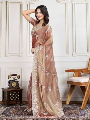 Brown Thread And Sequins Embroidered Soft Crunchy Silk Ready To Wear Saree 3
