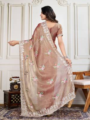 Brown Thread And Sequins Embroidered Soft Crunchy Silk Ready To Wear Saree 4