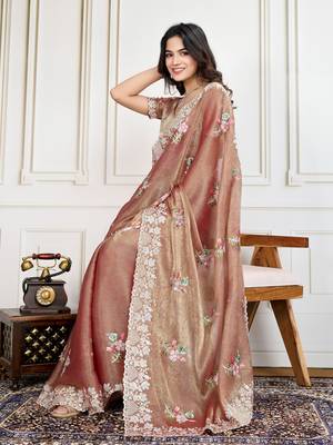 Brown Thread And Sequins Embroidered Soft Crunchy Silk Ready To Wear Saree 5