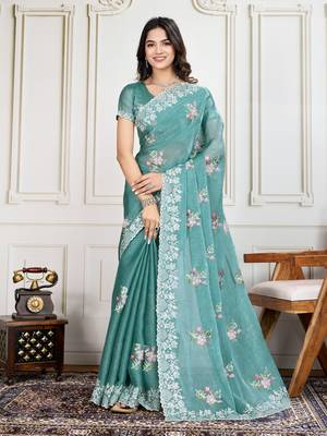 Sky-Blue Thread And Sequins Embroidered Soft Crunchy Silk Saree 1