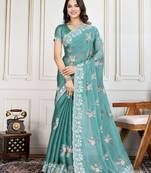 Sky-Blue Thread And Sequins Embroidered Soft Crunchy Silk Saree