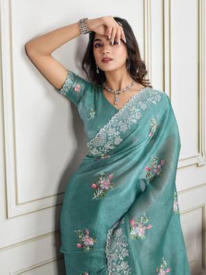 Sky-Blue Thread And Sequins Embroidered Soft Crunchy Silk Saree 2
