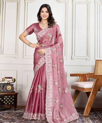 Rani-Pink Thread And Sequins Embroidered Soft Crunchy Silk Saree 1
